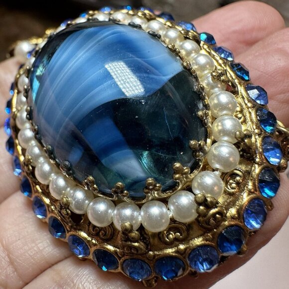 VTG Pendant Necklace 26" W Germany Porphyry Blue Art Glass Filigree Faux Pearl - Picture 7 of 12